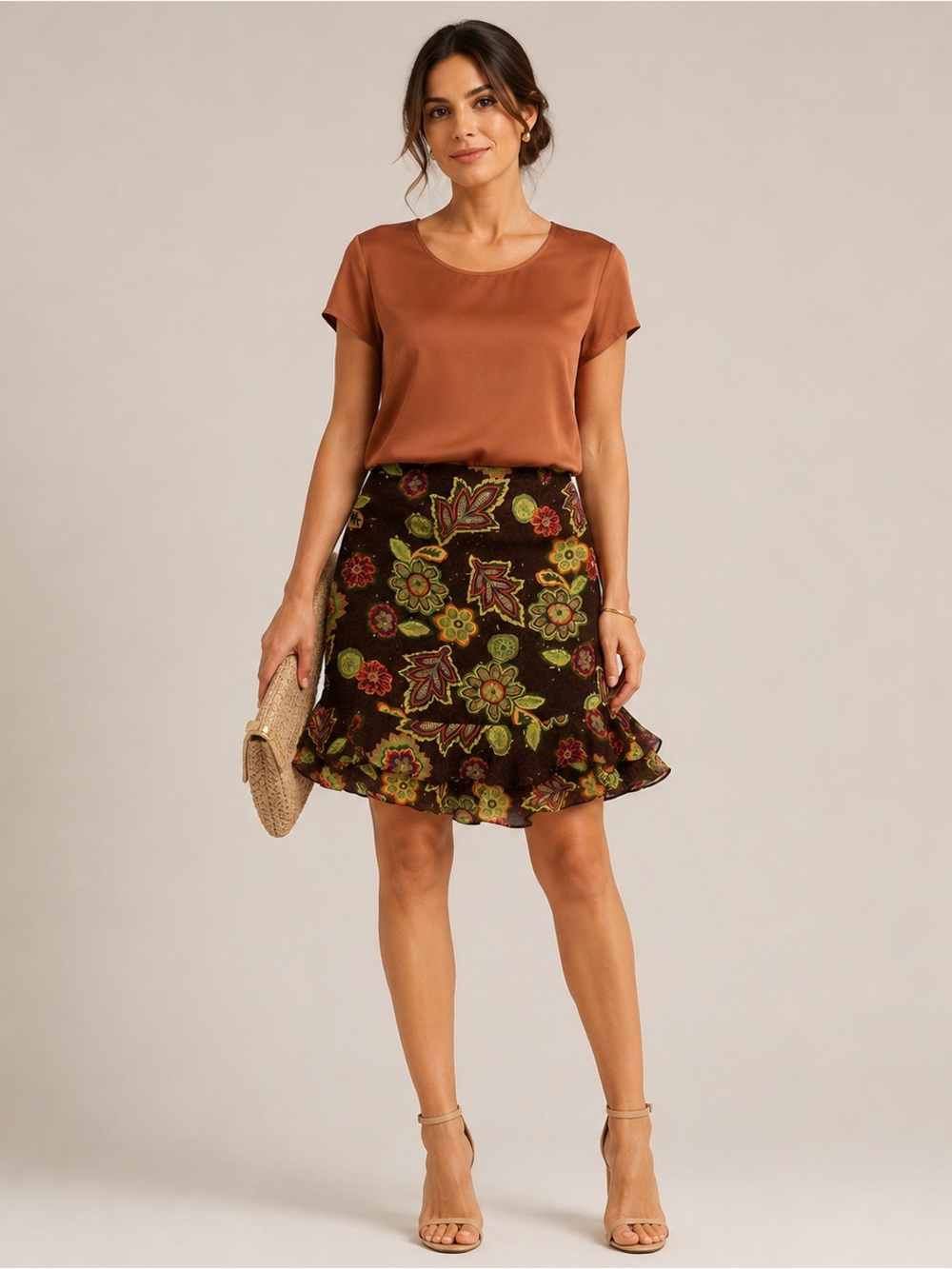 Oscar de la Renta Brown Floral Ruffle-Hem Skirt vintage silk 12 cottagecore
